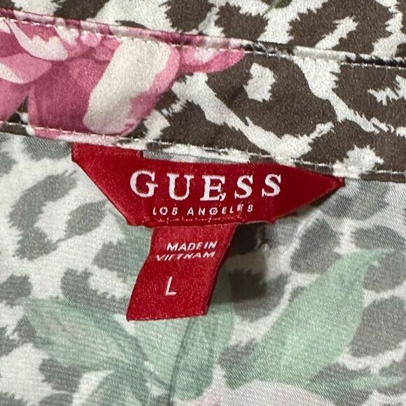 Guess M-L Brown Pink Animal Print Peony Floral Button Front Long Sleeve Blouse - Picture 10 of 13